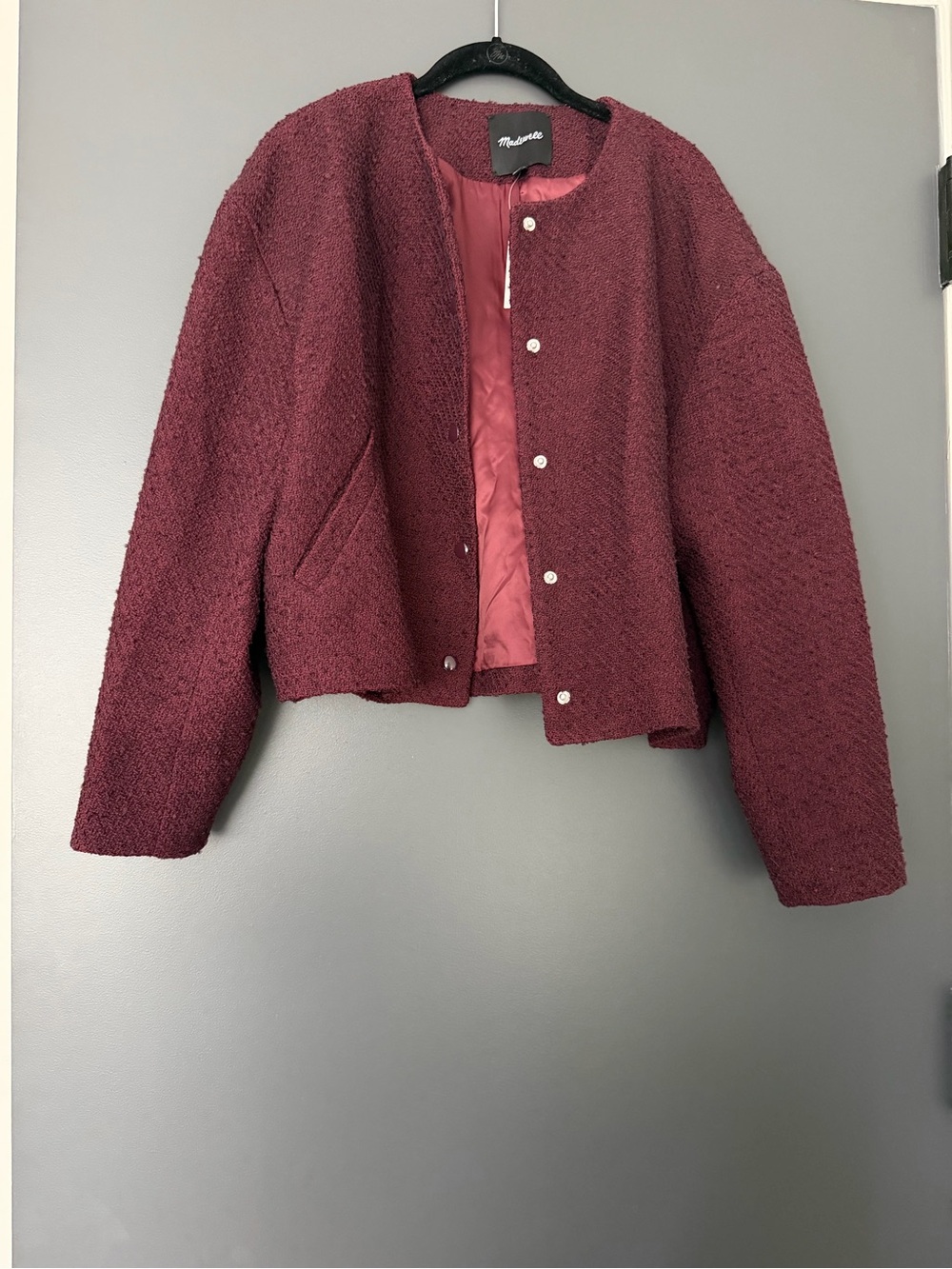 NWT Madewell Burgundy Bouclé Collarless Snap Jacket